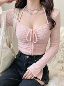 Joudiya 秋冬女款紋理毛絨掛脖綁帶抽繩喇叭袖粉色長袖T恤外出上衣 - 西瓜粉 - 查看 8
