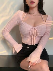 Joudiya 秋冬女款紋理毛絨掛脖綁帶抽繩喇叭袖粉色長袖T恤外出上衣 - 西瓜粉 - 查看 7
