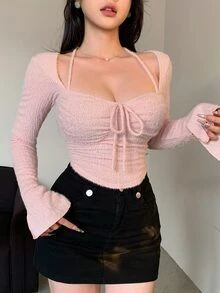 Joudiya 秋冬女款紋理毛絨掛脖綁帶抽繩喇叭袖粉色長袖T恤外出上衣 - 西瓜粉 - 查看 6