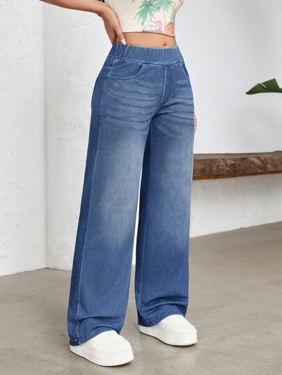 Flexra [Denim Effect] Women's Street Style Stretch Casual Sporty Wide Leg Pants