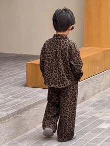 2pcs/Set Young Boys Y2k Vintage Cotton Leopard Print Brown Denim Loose Shirt & Baggy Jeans,Fall/Winter,For Kids Boys School Clothes,Halloween Outfits - Khaki - View 2