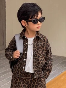 2pcs/Set Young Boys Y2k Vintage Cotton Leopard Print Brown Denim Loose Shirt & Baggy Jeans,Fall/Winter,For Kids Boys School Clothes,Halloween Outfits - Khaki - View 4