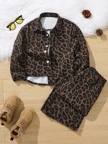 2pcs/Set Young Boys Y2k Vintage Cotton Leopard Print Brown Denim Loose Shirt & Baggy Jeans,Fall/Winter,For Kids Boys School Clothes,Halloween Outfits - Khaki - View 12
