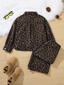 2pcs/Set Young Boys Y2k Vintage Cotton Leopard Print Brown Denim Loose Shirt & Baggy Jeans,Fall/Winter,For Kids Boys School Clothes,Halloween Outfits - Khaki - View 13