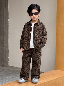 2pcs/Set Young Boys Y2k Vintage Cotton Leopard Print Brown Denim Loose Shirt & Baggy Jeans,Fall/Winter,For Kids Boys School Clothes,Halloween Outfits - Khaki - View 6