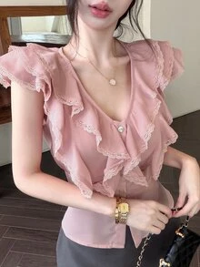 Joudiya Women's Summer Dusty Pink Chiffon Blouse With Ruffle Lace Patchwork, Elegant Romantic Short Sleeve Shirt For Wedding Party Date, Casual And Vacation - Pink - View 8