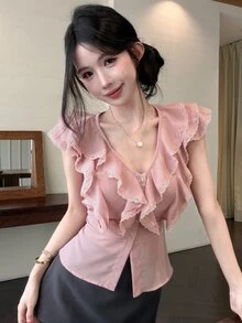 Joudiya Women's Summer Dusty Pink Chiffon Blouse With Ruffle Lace Patchwork, Elegant Romantic Short Sleeve Shirt For Wedding Party Date, Casual And Vacation - Pink - View 1