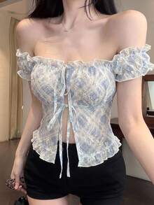 Joudiya 春夏蝴蝶結刺繡滿版印花紋理格紋蕾絲上衣，情人節婚禮宴會時尚派對露肩短版上衣，前綁帶設計修身收腰短袖女款襯衫 - 藍色 - 查看 2