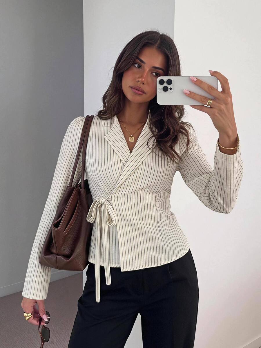 Siren Gaze Autumn/Winter New Turn-Down Collar Tie Waist Commuter Business Shirt Office Brunch Black And White Striped Smart Casual Elegant Casual Business Casual - Apricot - View 1
