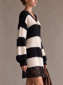 SHEIN Women's Colorblock Casual Daily Knit Dress - Coffee Brown - View 3