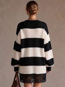 SHEIN Women's Colorblock Casual Daily Knit Dress - Coffee Brown - View 2
