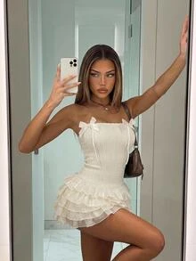 SHEIN ICON Women's Strapless Bow Decor Ruffle Hem Bodycon Mini Dress, Suitable For Dates, Parties - Apricot - View 1