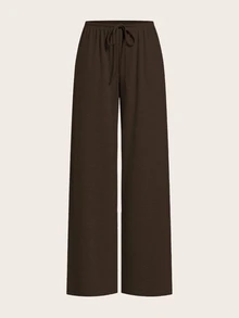 SHEIN Tall 2色女款抽繩腰寬鬆休閒寬腿居家舒適長褲，秋季女裝，冬季，高個女款 - 棕色 - 查看 8