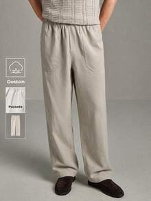 Calmiston Pure Cotton Men's Solid Color Casual Cotton Linen Blend Faux Linen Long Pants With Pockets Formal Old Money - Beige - View 1
