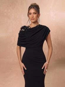 Lumalex Elegant Black Elastic Knit Contrast Mesh Mermaid Hem Dress,Luxurious Asymmetric Ruffled Shoulder,Floral Applique & Beaded,Evening Party Wedding Gala - Black - View 9