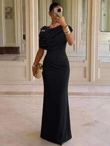 Lumalex Elegant Black Elastic Knit Contrast Mesh Mermaid Hem Dress,Luxurious Asymmetric Ruffled Shoulder,Floral Applique & Beaded,Evening Party Wedding Gala - Black - View 2