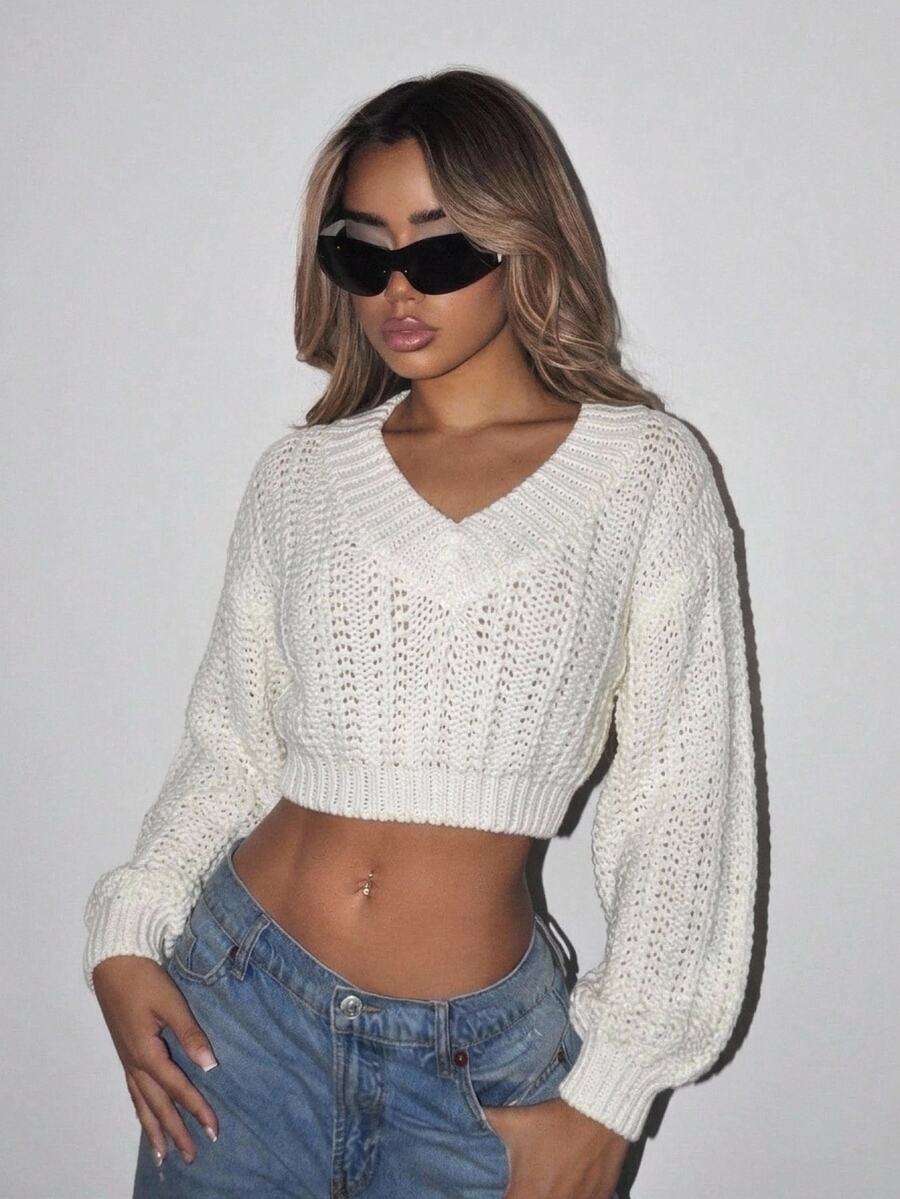 SHEIN ICON Lapel Plunging V-Neck Functional Sporty Oversized White Sweater - White - View 1