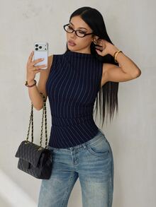 SHEIN PETITE Women's Striped Casual Versatile Daily Wear Top,Summer Top ,Petite Women - Navy Blue - View 7