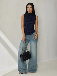 SHEIN PETITE Women's Striped Casual Versatile Daily Wear Top,Summer Top ,Petite Women - Navy Blue - View 6