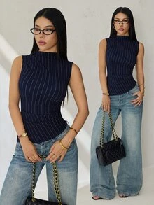 SHEIN PETITE Women's Striped Casual Versatile Daily Wear Top,Summer Top ,Petite Women - Navy Blue - View 9