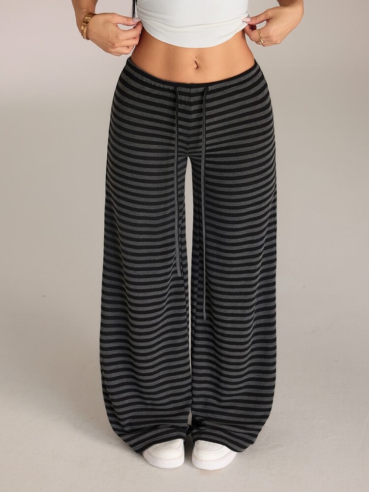 SHEIN PETITE Women's New Autumn/Winter Ultra Low Waist Black Striped Long Pants ,Petite Women - Black - View 4
