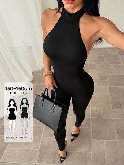 SHEIN PETITE جمبسوت كابري ضيق برقبة عالية للنساء الصغيرات، مناسب للخروجات اليومية والسهرات والحفلات، ستايل ستريت وير مثير وأنيق وشيك، للربيع والصيف