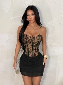 SHEIN PETITE فستان كاميسول نسائي مثير وعصري مع كشكشة دانتيل متباينة، للنساء الصغيرات - الأسود - مشاهدة 10
