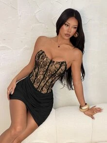 SHEIN PETITE فستان كاميسول نسائي مثير وعصري مع كشكشة دانتيل متباينة، للنساء الصغيرات - الأسود - مشاهدة 7