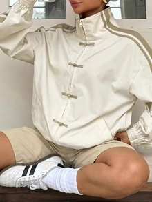 Muchica 大尺碼女款白色長袖鈕扣設計輕便夾克，秋季適合夜店、辦公室、教師、休閒街頭穿搭，寬鬆版型 - 彩色 - 查看 4