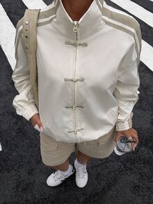 Muchica 大尺碼女款白色長袖鈕扣設計輕便夾克，秋季適合夜店、辦公室、教師、休閒街頭穿搭，寬鬆版型 - 彩色 - 查看 2