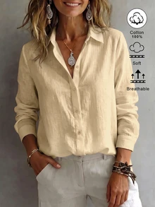 SHEIN EZwear 女款襯衫領長袖鈕扣設計休閒度假極簡日常外出上衣浪漫度假穿搭新款修身收腰極簡外出上衣夏季新款襯衫夏季服飾休閒度假服飾海灘海灘裝商務通勤適合辦公穿著女款襯衫夏季襯衫女款辦公服飾女款夏季襯衫白色襯衫 - 卡其色 - 查看 5
