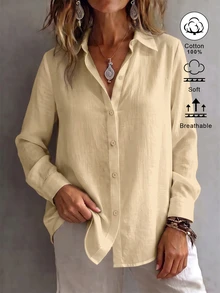 SHEIN EZwear 女款襯衫領長袖鈕扣設計休閒度假極簡日常外出上衣浪漫度假穿搭新款修身收腰極簡外出上衣夏季新款襯衫夏季服飾休閒度假服飾海灘海灘裝商務通勤適合辦公穿著女款襯衫夏季襯衫女款辦公服飾女款夏季襯衫白色襯衫 - 卡其色 - 查看 3