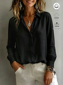 SHEIN EZwear 女款襯衫領長袖鈕扣設計休閒度假簡約日常外出上衣，浪漫穿搭新款修身收腰秋季黑色 - 黑色 - 查看 5
