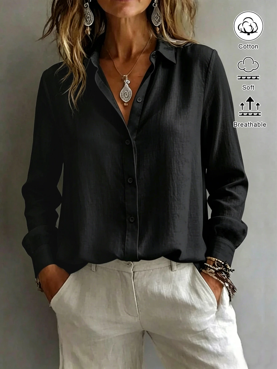 SHEIN EZwear 女款襯衫領長袖鈕扣設計休閒度假簡約日常外出上衣，浪漫穿搭新款修身收腰秋季黑色 - 黑色 - 查看 1