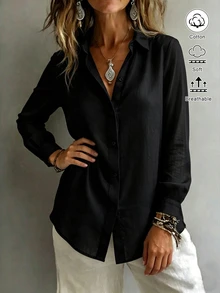 SHEIN EZwear 女款襯衫領長袖鈕扣設計休閒度假簡約日常外出上衣，浪漫穿搭新款修身收腰秋季黑色 - 黑色 - 查看 3