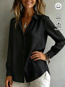 SHEIN EZwear 女款襯衫領長袖鈕扣設計休閒度假簡約日常外出上衣，浪漫穿搭新款修身收腰秋季黑色 - 黑色 - 查看 6
