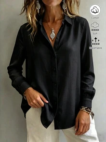 SHEIN EZwear 女款襯衫領長袖鈕扣設計休閒度假簡約日常外出上衣，浪漫穿搭新款修身收腰秋季黑色 - 黑色 - 查看 4
