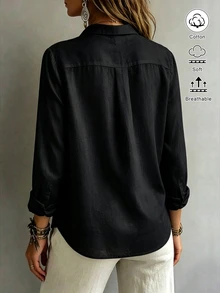 SHEIN EZwear 女款襯衫領長袖鈕扣設計休閒度假簡約日常外出上衣，浪漫穿搭新款修身收腰秋季黑色 - 黑色 - 查看 2
