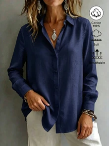 SHEIN EZwear 女款襯衫領長袖鈕扣設計休閒度假簡約日常出行上衣修身收腰秋季海灘早午餐穿搭 - 藏蓝色 - 查看 4