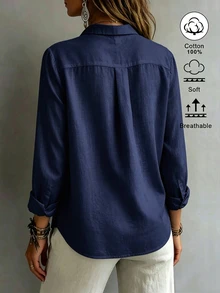 SHEIN EZwear 女款襯衫領長袖鈕扣設計休閒度假簡約日常出行上衣修身收腰秋季海灘早午餐穿搭 - 藏蓝色 - 查看 2