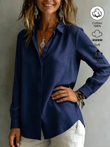 SHEIN EZwear 女款襯衫領長袖鈕扣設計休閒度假簡約日常出行上衣修身收腰秋季海灘早午餐穿搭 - 藏蓝色 - 查看 6