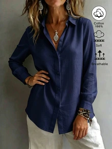 SHEIN EZwear 女款襯衫領長袖鈕扣設計休閒度假簡約日常出行上衣修身收腰秋季海灘早午餐穿搭 - 藏蓝色 - 查看 3