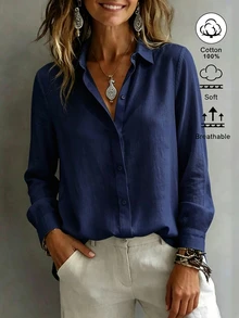 SHEIN EZwear 女款襯衫領長袖鈕扣設計休閒度假簡約日常出行上衣修身收腰秋季海灘早午餐穿搭 - 藏蓝色 - 查看 5