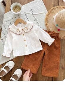 SHEIN Baby Girl Peter Pan Collar Floral Embroidered Long Sleeve Shirt And Pants Set - Brown - View 7
