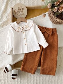 SHEIN Baby Girl Peter Pan Collar Floral Embroidered Long Sleeve Shirt And Pants Set - Brown - View 6