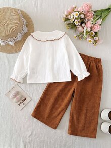 SHEIN Baby Girl Peter Pan Collar Floral Embroidered Long Sleeve Shirt And Pants Set - Brown - View 8