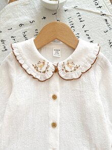 SHEIN Baby Girl Peter Pan Collar Floral Embroidered Long Sleeve Shirt And Pants Set - Brown - View 4