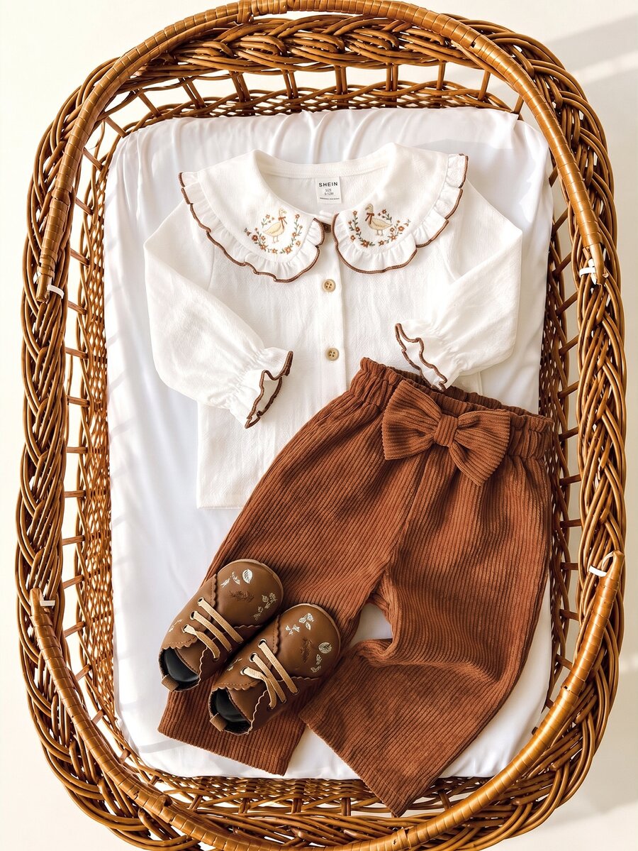 SHEIN Baby Girl Peter Pan Collar Floral Embroidered Long Sleeve Shirt And Pants Set - Brown - View 1