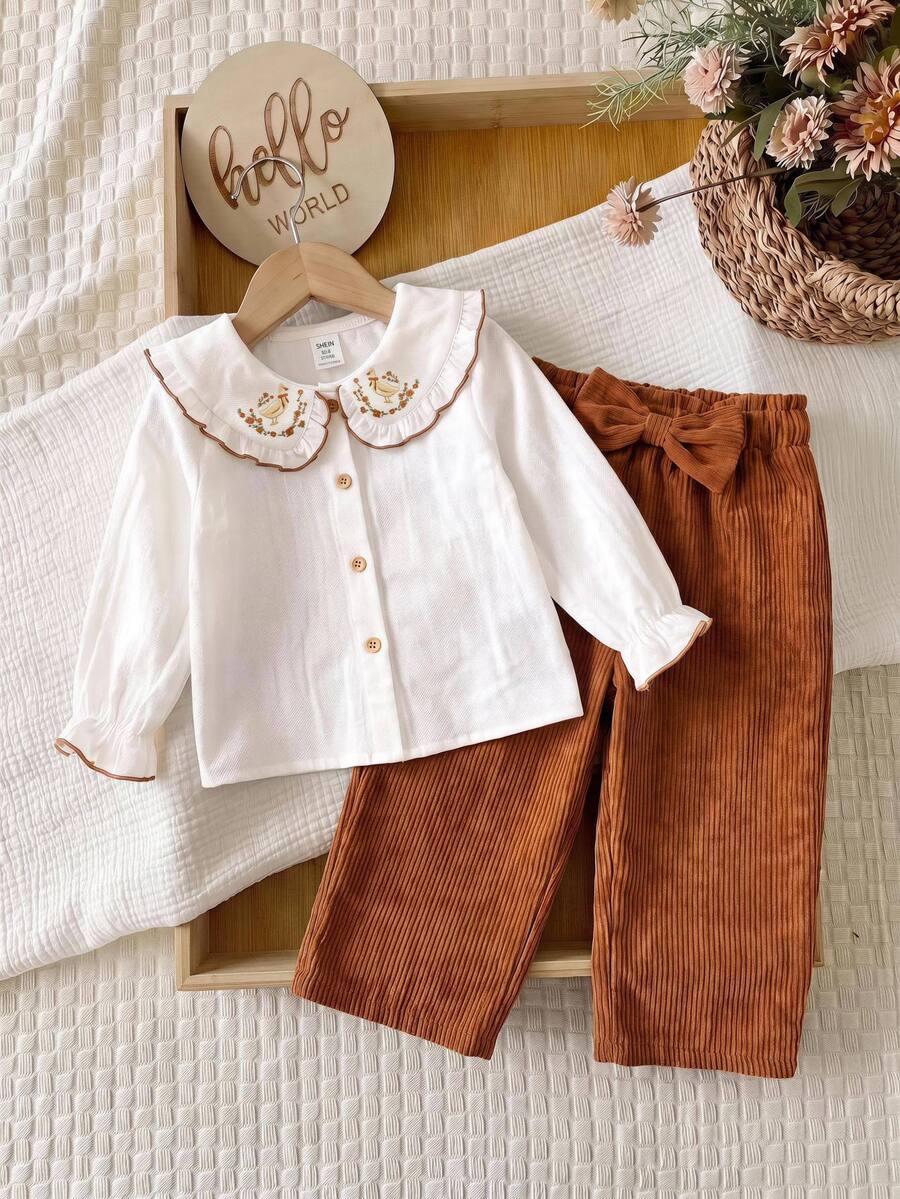 SHEIN Baby Girl Peter Pan Collar Floral Embroidered Long Sleeve Shirt And Pants Set - Brown - View 1