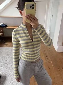 Siren Gaze Autumn/Winter New Cream Yellow Striped Stand Collar Cardigan For Women School Casual Preppy - Yellow - View 1